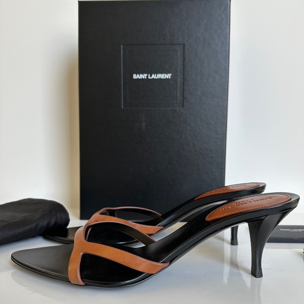 Saint Laurent Carla Black Leather Mules with Tan Straps - Picture 9 of 16
